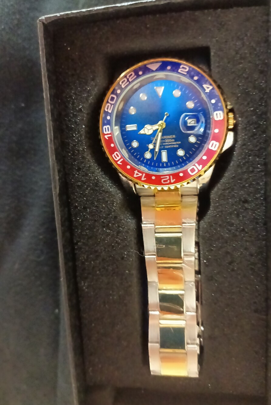 Gold & Silver Men's Two-Tone Watch with Blue Dial and Red-Blue Bezel